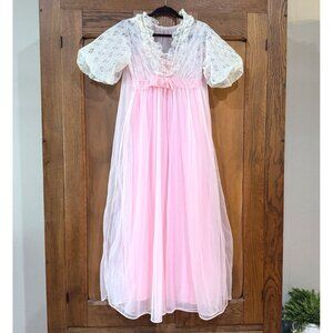 size SM S/M Vintage Sheer Pink Nightgown Robe Piegnoir set Lace trim, Puff Sleev
